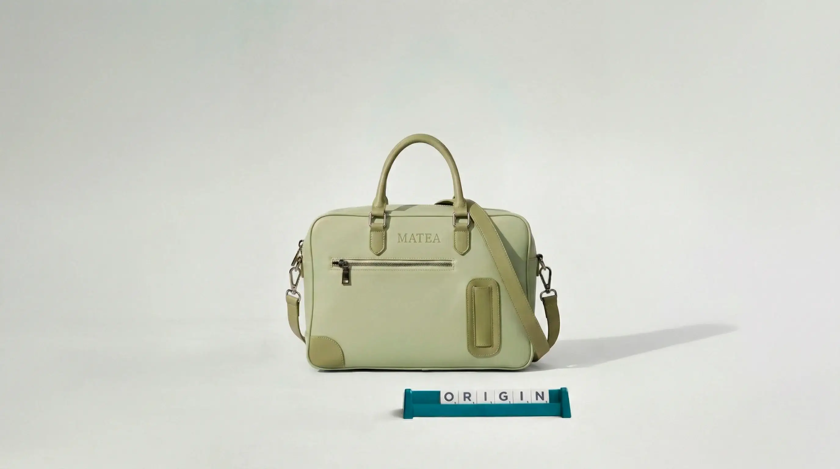 Bolso matero Matea Origin en cuero vegano verde, vista de estudio